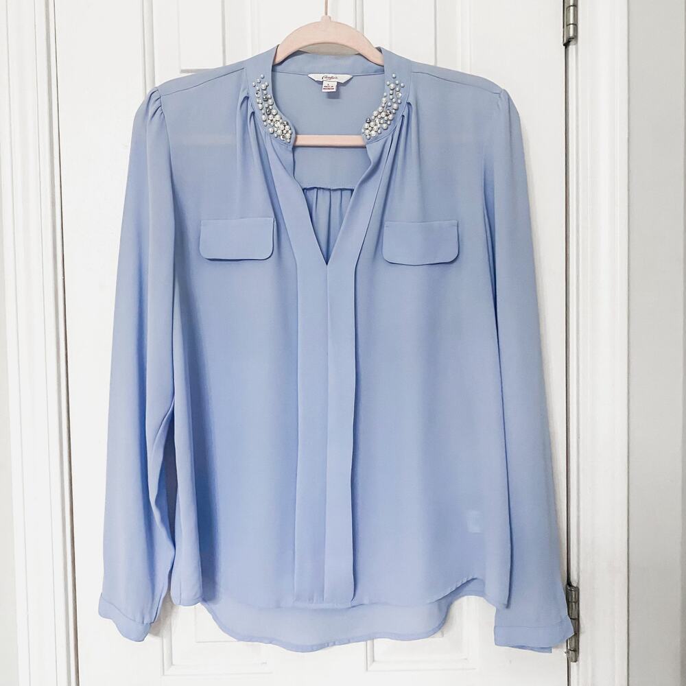 CANDIE’S • Pale Baby Blue Faux Pearl + Gem Jeweled Detail Top Shirt